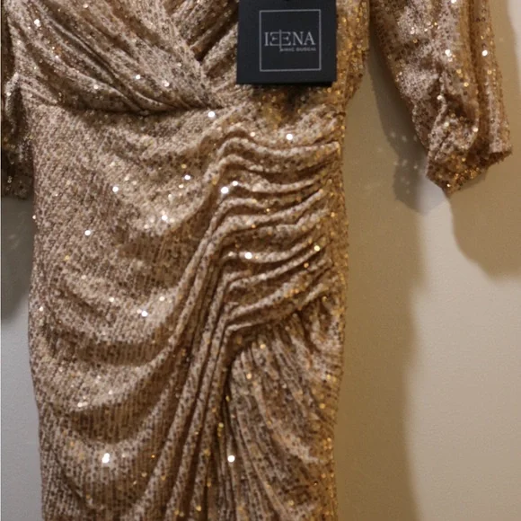 Sequence draped 3/4 gold floor length gown Ieena for Mac Duggal size 4 - Picture 4 of 8